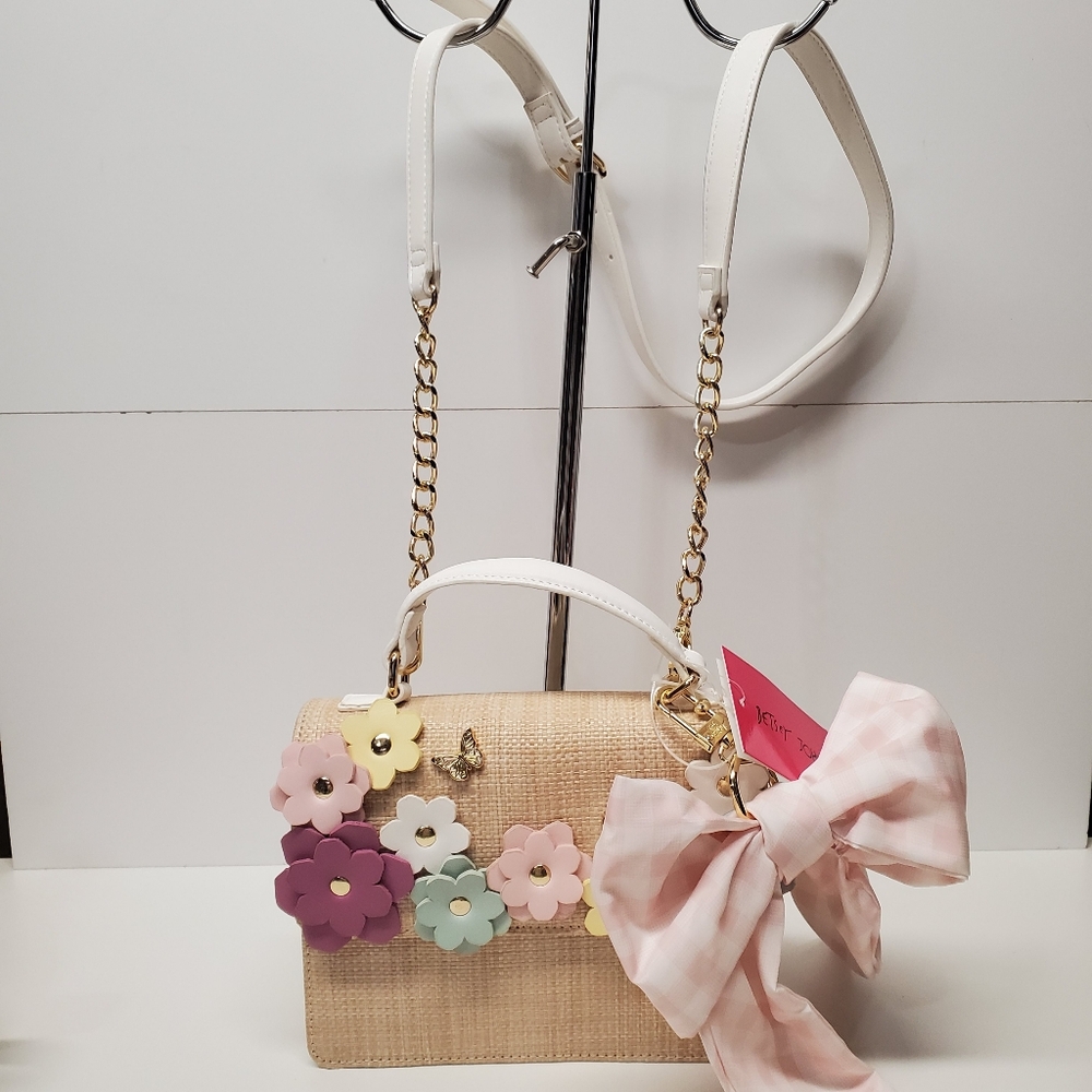 Betsey Johnsonmini Crossbody/satchel Bag with Pastel Floral Accents & Pink Bow